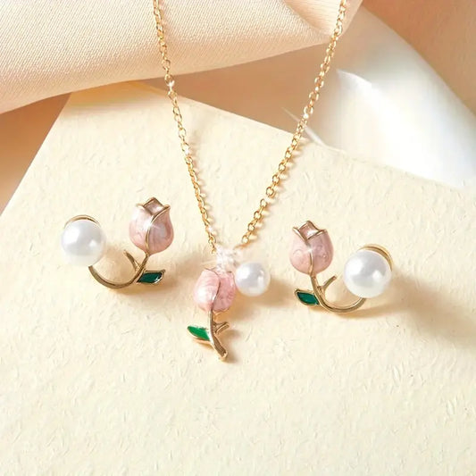 Set Rosa de Perla - Collar y Aretes